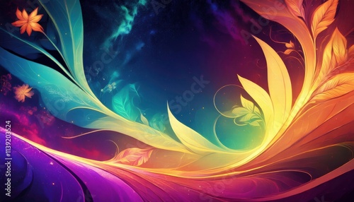 Vibrant Floral Symphony: Abstract art painting of colorful swirling leaves and flowers.  A mesmerizing blend of warm and cool tones evokes a sense of fantasy and wonder. 