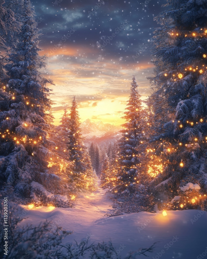 Snowy Pine Forest at Sunset During Christmas Festival Snowy Pine Forest at Sunset During Christmas Festival