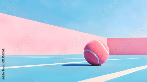 Pink tennis ball on a court with a blue sky