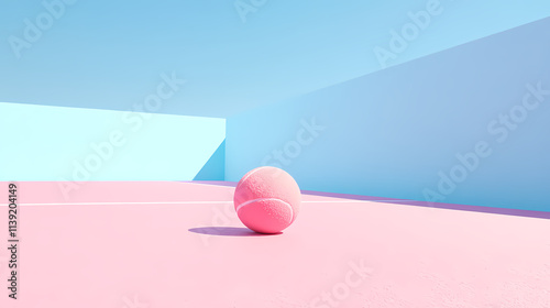 Pink tennis ball on a court with a blue sky