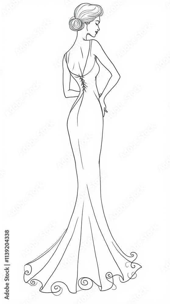 Elegant One-Line Drawing of Woman in Flowing Gown Viewed from Back Elegant One-Line Drawing of Woman in Flowing Gown Viewed from Back