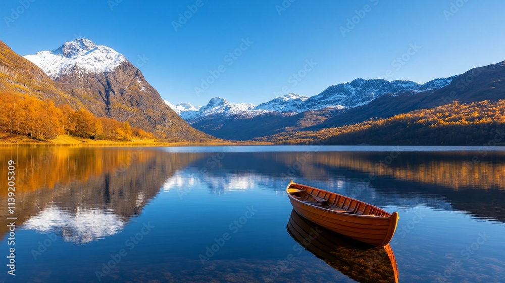 Serene lake with a boat surrounded by mountains. Serene lake with a boat surrounded by mountains.