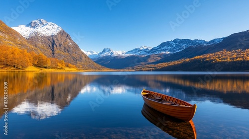 Serene lake with a boat surrounded by mountains.
