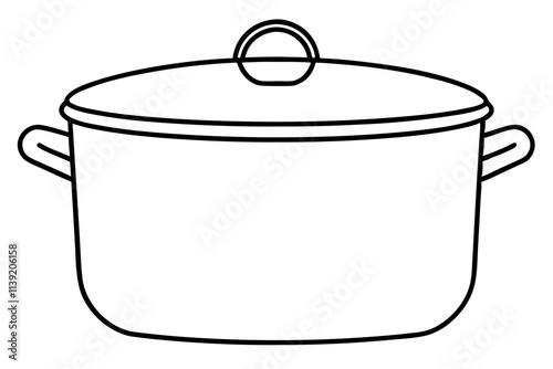 Black and White Line Drawing of a Cooking Pot with Handles and Lid