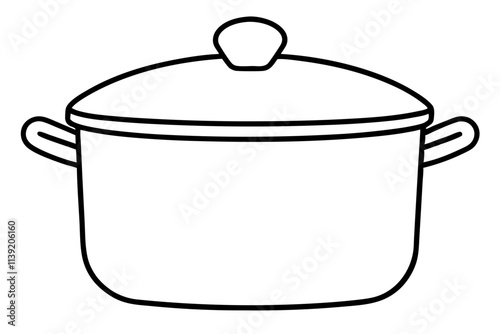 Black and White Line Drawing of a Cooking Pot with Handles and Lid