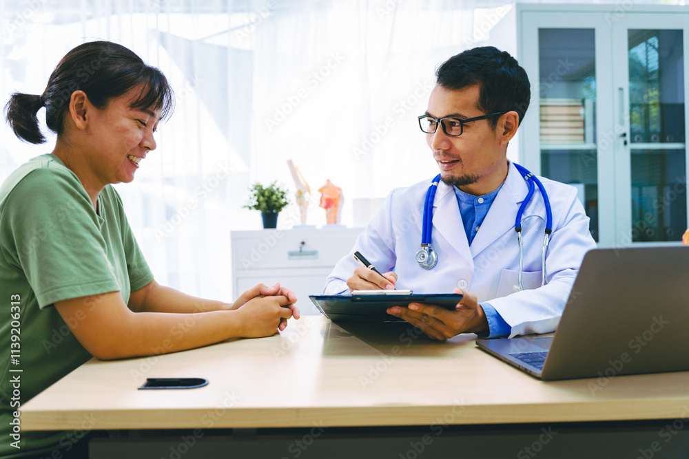 A female patient meets a male doctor at a desk in a hospital, discussing her migraine headache, stress, and insomnia. The doctor provides advice, diagnosis, and treatment options A female patient meets a male doctor at a desk in a hospital, discussing her migraine headache, stress, and insomnia. The doctor provides advice, diagnosis, and treatment options