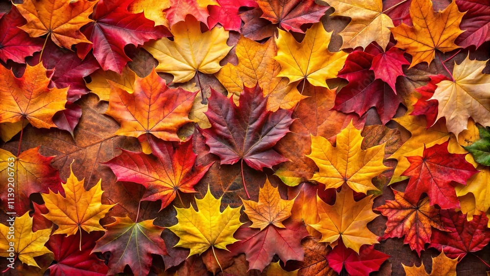 Autumnal foliage background featuring vibrant red, orange, and yellow maple leaves arranged in a dense, colorful pattern. Autumnal foliage background featuring vibrant red, orange, and yellow maple leaves arranged in a dense, colorful pattern.
