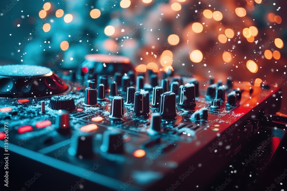 Snow-dusted DJ mixer against a festive backdrop. Perfect for winter holiday events, music, and party themes. Snow-dusted DJ mixer against a festive backdrop. Perfect for winter holiday events, music, and party themes.