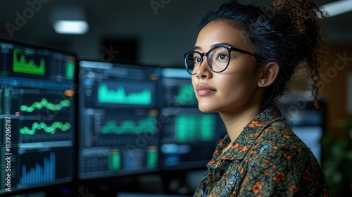 Focused woman with glasses analyzing financial data on multiple computer monitors in office