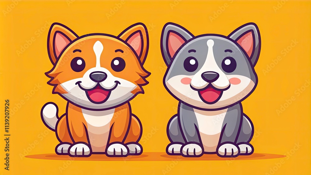 Obraz premium Funny Pets Vector Illustration: Adorable Dogs and Cats in Trendy Flat Style for Social Media and Advertising