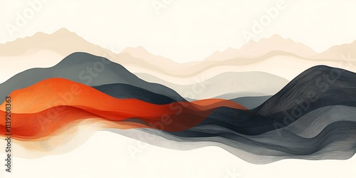 Abstract landscape with flowing, layered mountains in shades of orange, gray, and beige.