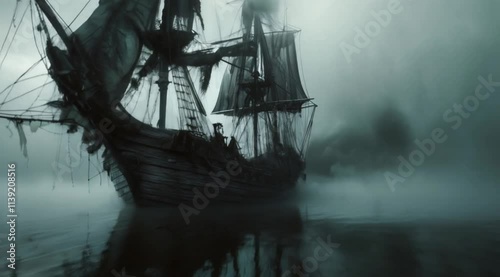 Pirate Ship Drifting Through Dense Fog on a Haunted Sea: Eerie and Mysterious Animation