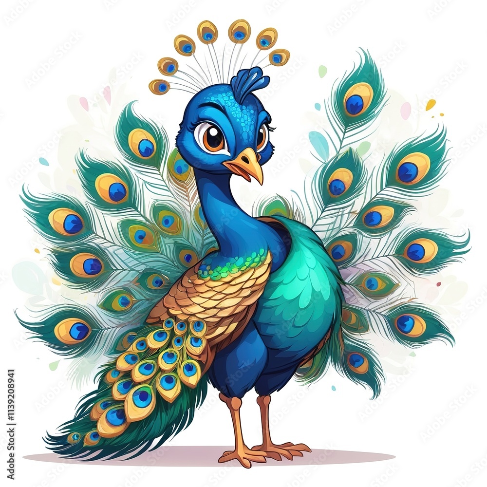 Fototapeta premium Adorable peacock illustration with rainbow-like feathers, isolated on a clean white backdrop.