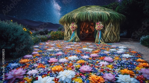 Enchanting Flower Garden with Whimsical Straw House and Lush Landscape under Starry Night Sky - Vibrant Floral Pathway and Dreamlike Fantasy Setting photo