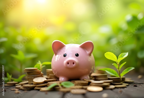 pink piggy bank surrounded by coins and green plants symbolizes savings and growth. vibrant scene evokes feelings of prosperity and financial wellness photo