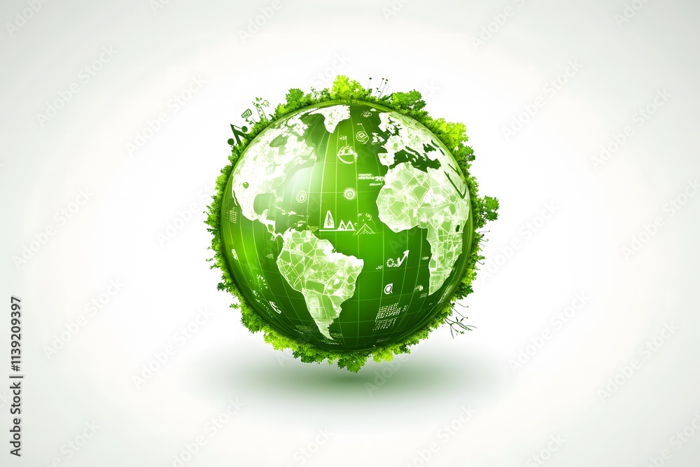 Green Earth Globe Surrounded by Lush Foliage and Nature Icons Symbolizing Environmental Awareness and Sustainable Living in a Modern Design Green Earth Globe Surrounded by Lush Foliage and Nature Icons Symbolizing Environmental Awareness and Sustainable Living in a Modern Design