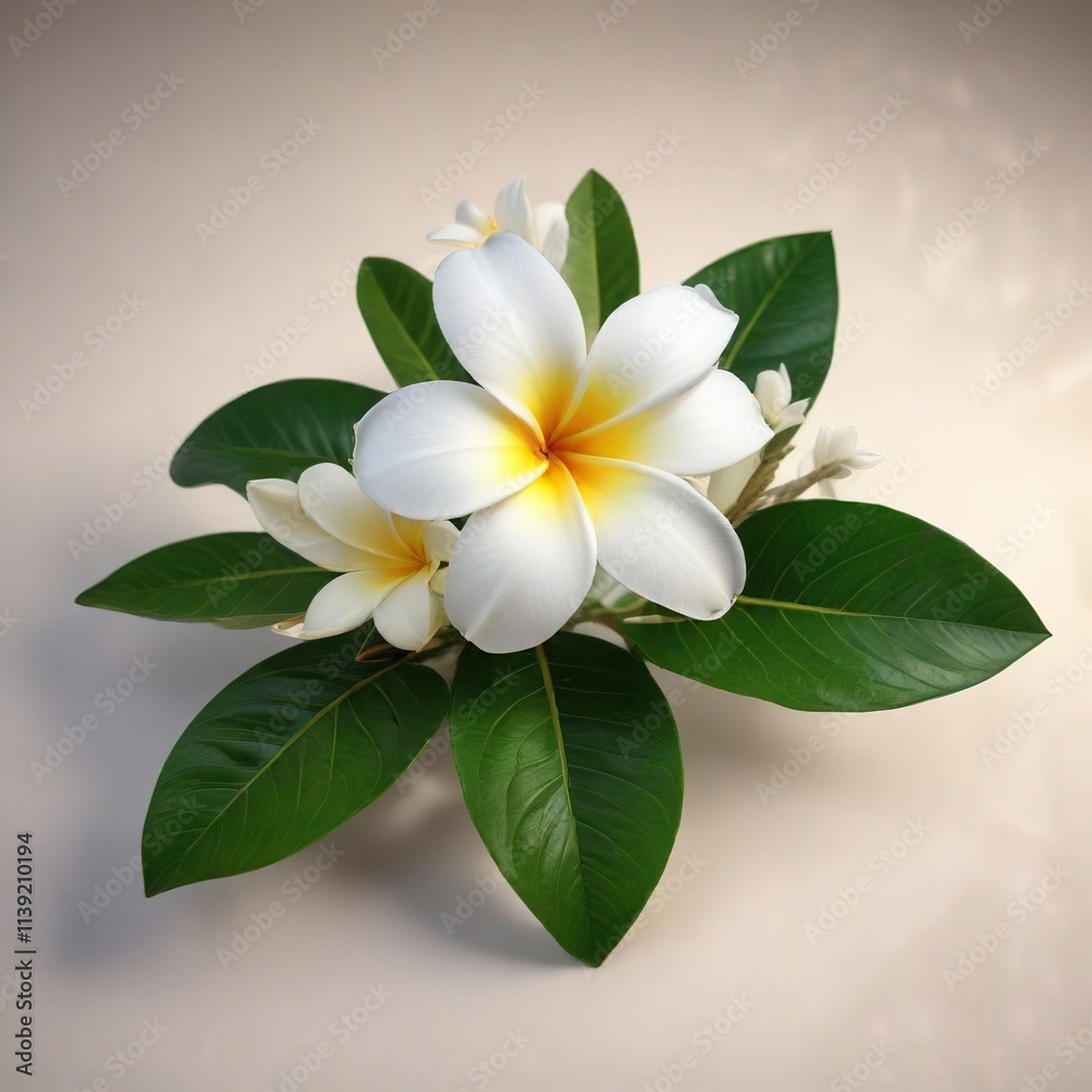 Obraz premium White plumeria flower on a small green leaf against a bright light source , tropical flowers, nature