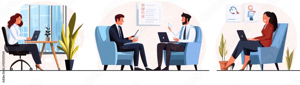 Diverse Business Team Working on Laptops in Modern Office Diverse Business Team Working on Laptops in Modern Office