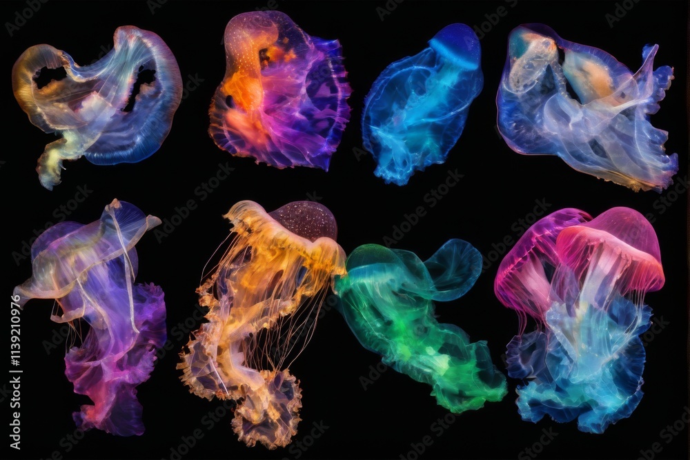 Obraz premium Vibrant Jellyfish Collection in Grid Layout on Black Background with Pixelated 3D Effect