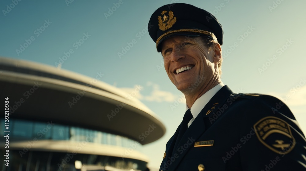 A Pilot in uniform smiling near airplane, holding flight itinerary, clear blue sky, professional aviation concept, travel and aviation industry. A Pilot in uniform smiling near airplane, holding flight itinerary, clear blue sky, professional aviation concept, travel and aviation industry.