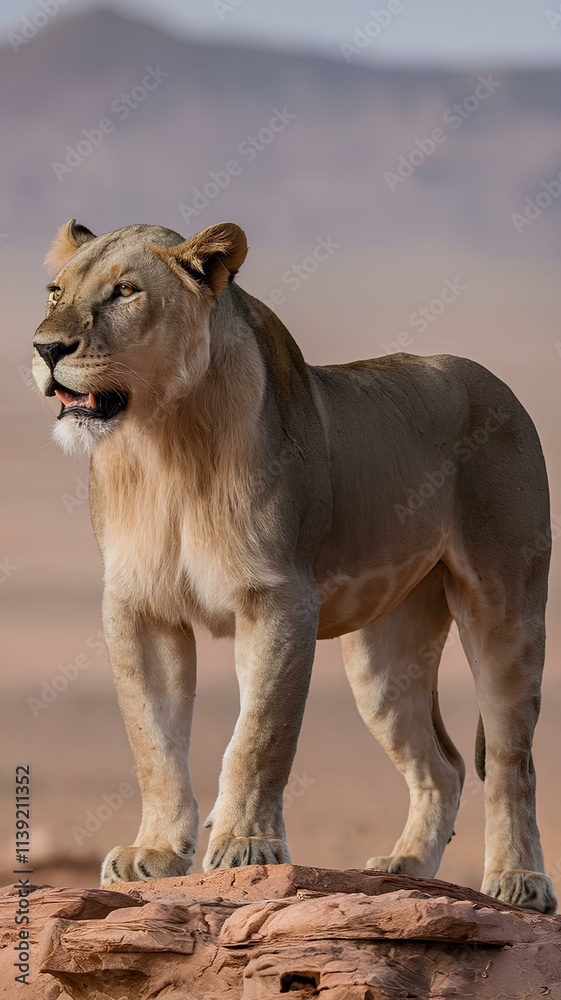 Lioness on Rocky Outcrop in Desert Landscape ,lion in the grass Lioness on Rocky Outcrop in Desert Landscape ,lion in the grass