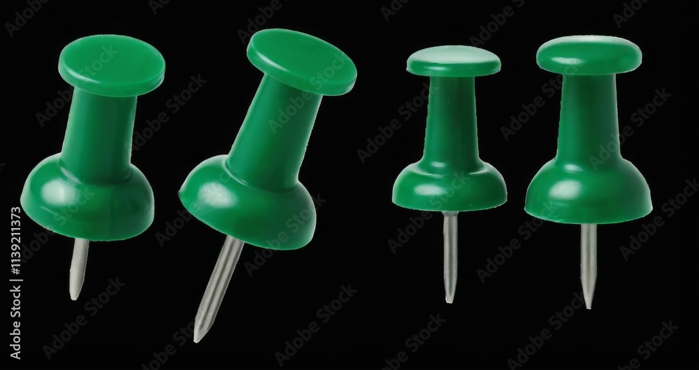 Colorful Variety of Green Push Pins on Black Background Colorful Variety of Green Push Pins on Black Background