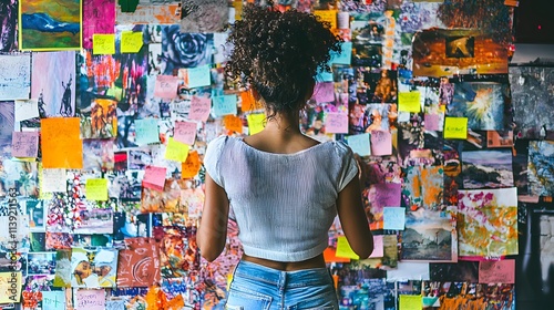 A woman placing sticky notes with goals on a vision board filled with inspiring images