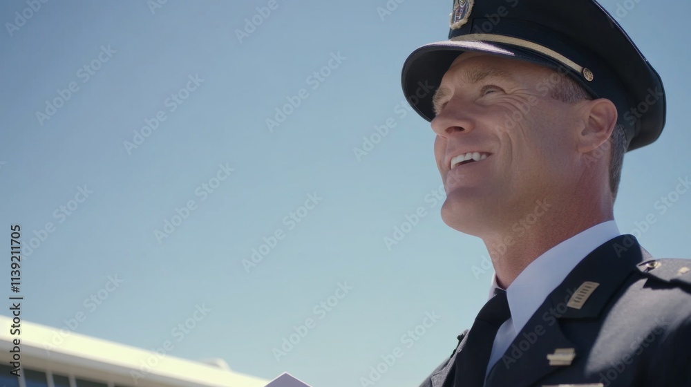 A Pilot in uniform smiling near airplane, holding flight itinerary, clear blue sky, professional aviation concept, travel and aviation industry. A Pilot in uniform smiling near airplane, holding flight itinerary, clear blue sky, professional aviation concept, travel and aviation industry.