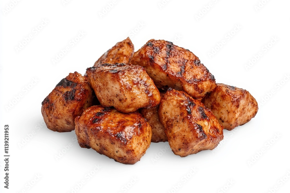 Grilled Chicken Bites Piled Neatly on a White Background Showcasing Juicy, Tender and Flavorful Meat Perfect for Culinary Presentations or Food Blogs Grilled Chicken Bites Piled Neatly on a White Background Showcasing Juicy, Tender and Flavorful Meat Perfect for Culinary Presentations or Food Blogs