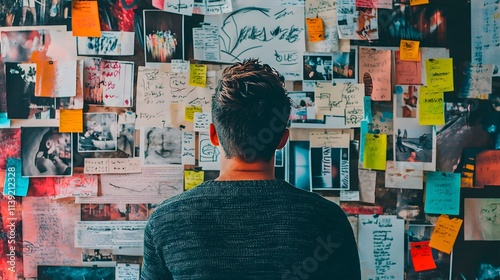 A vision board filled with inspirational photos, quotes, and colorful sticky notes