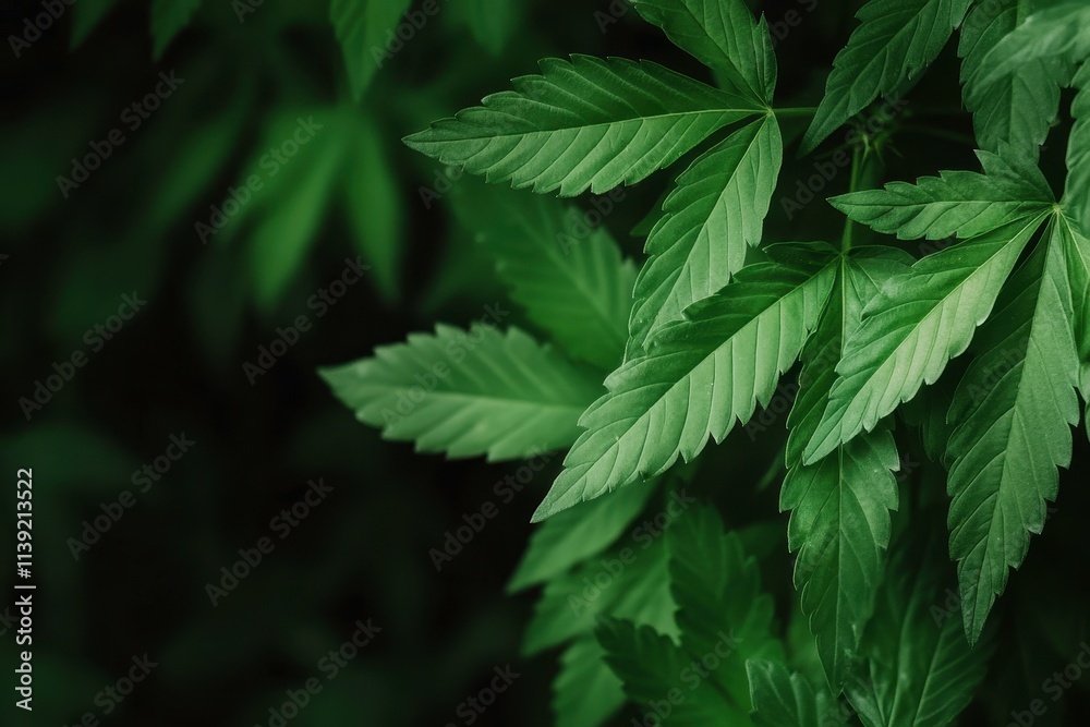 Lush Green Leaves of Cannabis Plant Surrounded by Dark Background, Showcasing the Intricate Texture and Vibrant Color of Nature's Foliage Lush Green Leaves of Cannabis Plant Surrounded by Dark Background, Showcasing the Intricate Texture and Vibrant Color of Nature's Foliage