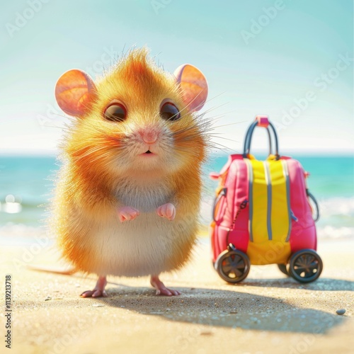 Cute hamster enjoys a sunny day at the beach with a colorful travel bag photo