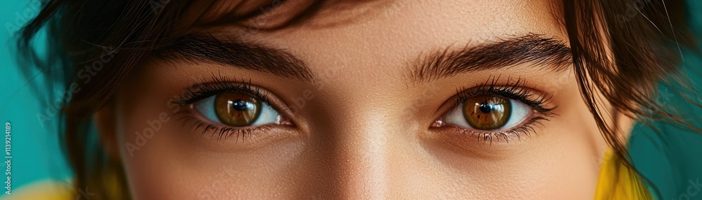 Fototapeta premium A close-up of expressive brown eyes against a vibrant background, showcasing natural beauty and a captivating gaze.