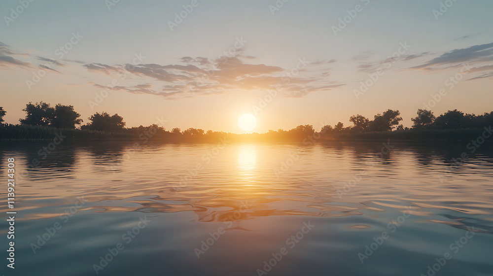 A beautiful sunset over a calm lake with trees in the background A beautiful sunset over a calm lake with trees in the background