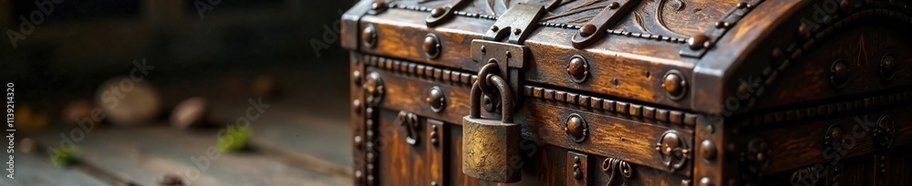 Ancient wooden chest adorned with intricate carvings and a rusty padlock hanging from the clasp, chest, ancient, treasure Ancient wooden chest adorned with intricate carvings and a rusty padlock hanging from the clasp, chest, ancient, treasure