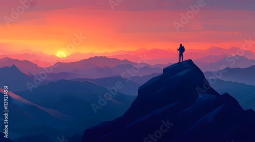 A lone hiker standing on a mountaintop at dawn, embracing the promise of a fresh start