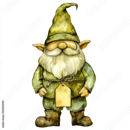 A whimsical gnome character with a green outfit, pointy hat, and a long beard, holding a tag, perfect for fantasy art themes, isolated on white background for di-cut photo