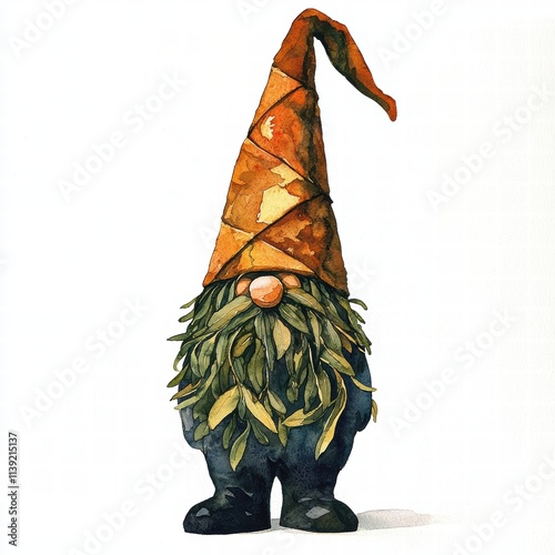 A whimsical gnome with a large, colorful hat, adorned with leaves, standing on a plain background, exuding charm and playfulness photo