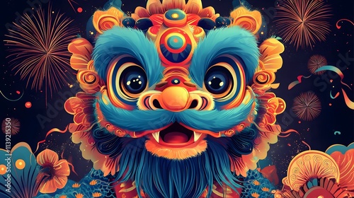 stunning Flat-style illustration background depicting a Chinese lion dance with vibrant colors, festive patterns, and celebratory fireworks in the background