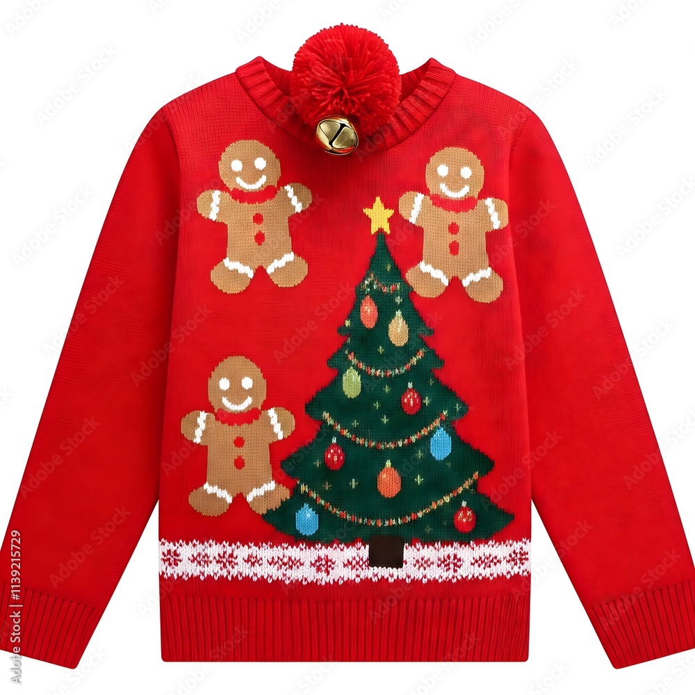 A red knitted Christmas sweater with a Christmas tree, gingerbread men, a pompom and a bell, perfect for the holidays. A red knitted Christmas sweater with a Christmas tree, gingerbread men, a pompom and a bell, perfect for the holidays.