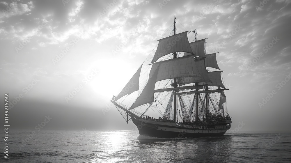 Fototapeta premium Majestic Sailing Ship at Sea: A Black and White Masterpiece