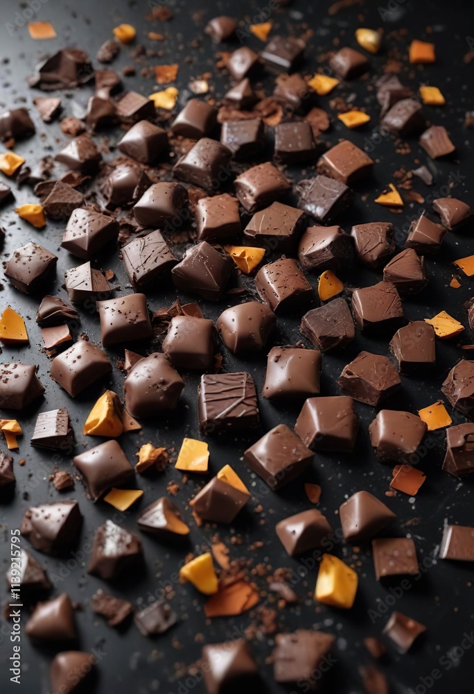Broken chocolate with pieces scattered all over a dark black surface , shards, splinters, disarrayed Broken chocolate with pieces scattered all over a dark black surface , shards, splinters, disarrayed
