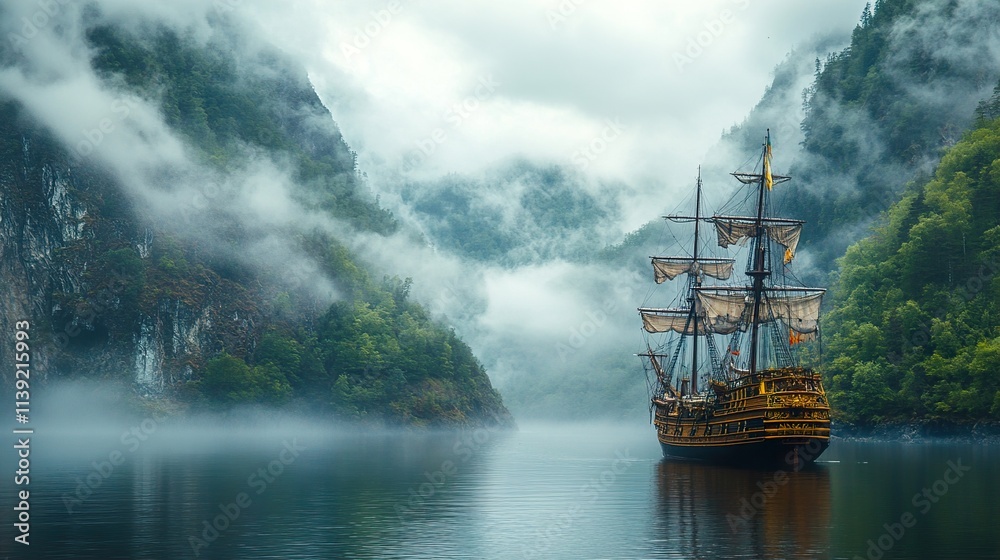 custom made wallpaper toronto digitalMajestic Sailing Ship in Misty Fjord Landscape