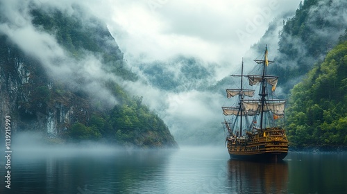 Wallpaper Mural Majestic Sailing Ship in Misty Fjord Landscape Torontodigital.ca