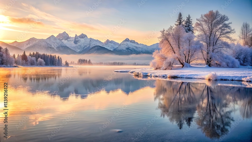 Obraz premium Serene winter sunrise over a tranquil lake, snow-covered trees reflecting in the calm water, majestic mountain range in the background