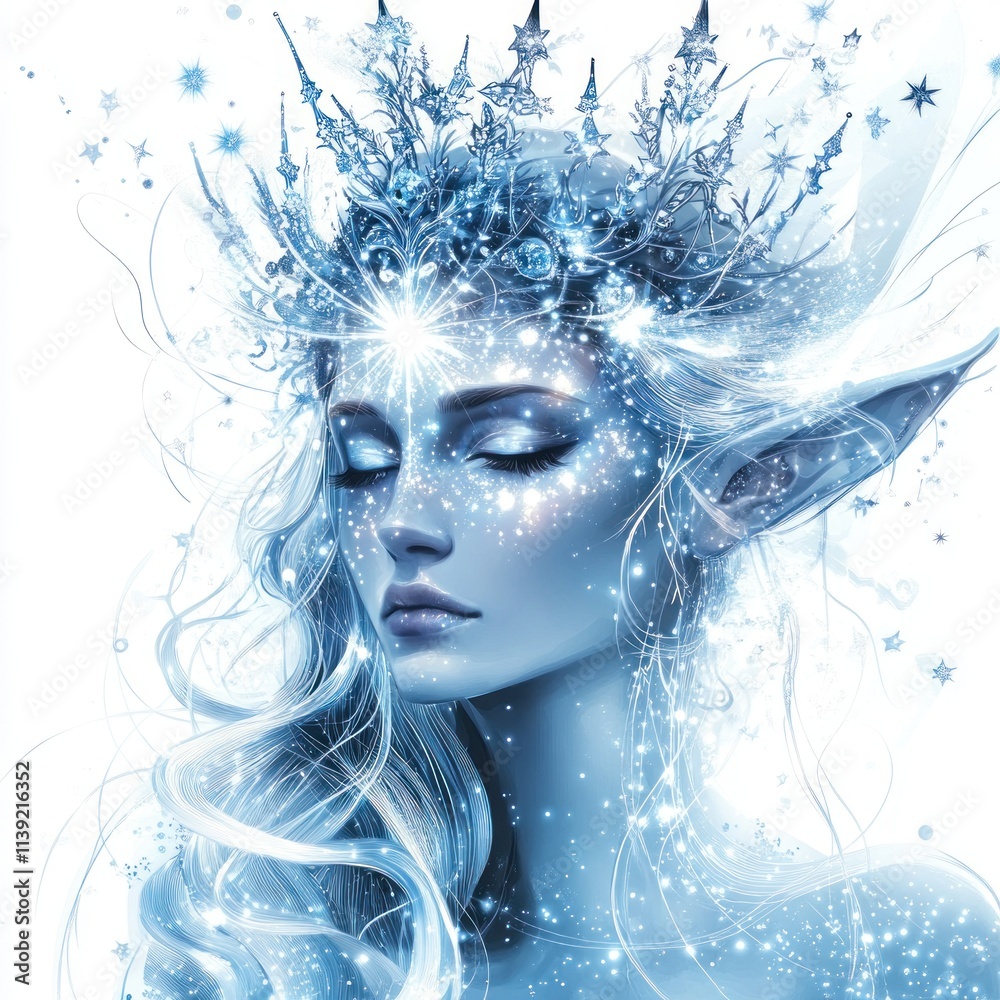 Fototapeta premium Ice Queen Fantasy Illustration: An Enchanting Digital Painting of a Serene Elf with a Crystal Crown