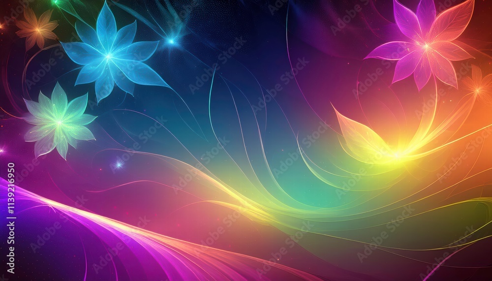 Fototapeta premium Rainbow Dream Flowers: Abstract art featuring vibrant, glowing flowers in a spectrum of colors, set against a backdrop of swirling, neon lines.
