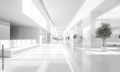 Bright, minimalist white hallway with plants and sunlight.