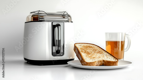 A toaster oven sits on a white counter next to a plate of toast