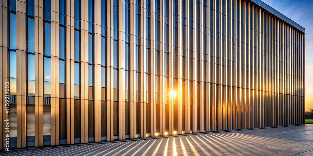 Fototapeta premium Sunset Illuminates Modern Building Facade with Linear Design and Glass Windows